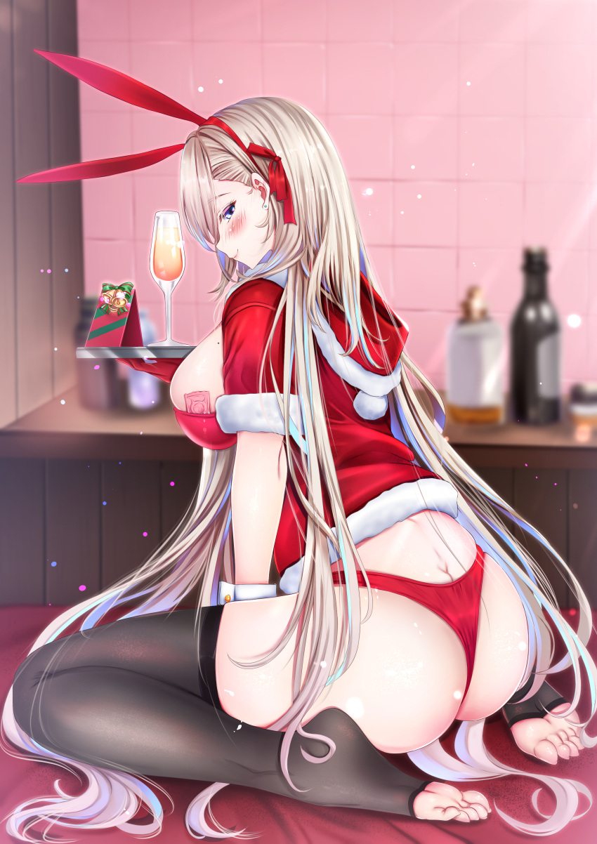 1girl absurdres animal_ears ass asuna_(blue_archive) black_thighhighs blonde_hair blue_archive blue_eyes bottle butt_crack capelet christmas condom condom_wrapper cup drinking_glass earrings fake_animal_ears fur-trimmed_capelet fur_trim gloves hairband highres holding holding_tray indoors jewelry long_hair panties rabbit_ears red_capelet red_gloves red_hairband red_panties santa_costume siki2046 sitting solo stud_earrings thighhighs toeless_legwear tray underwear very_long_hair wariza white_wrist_cuffs