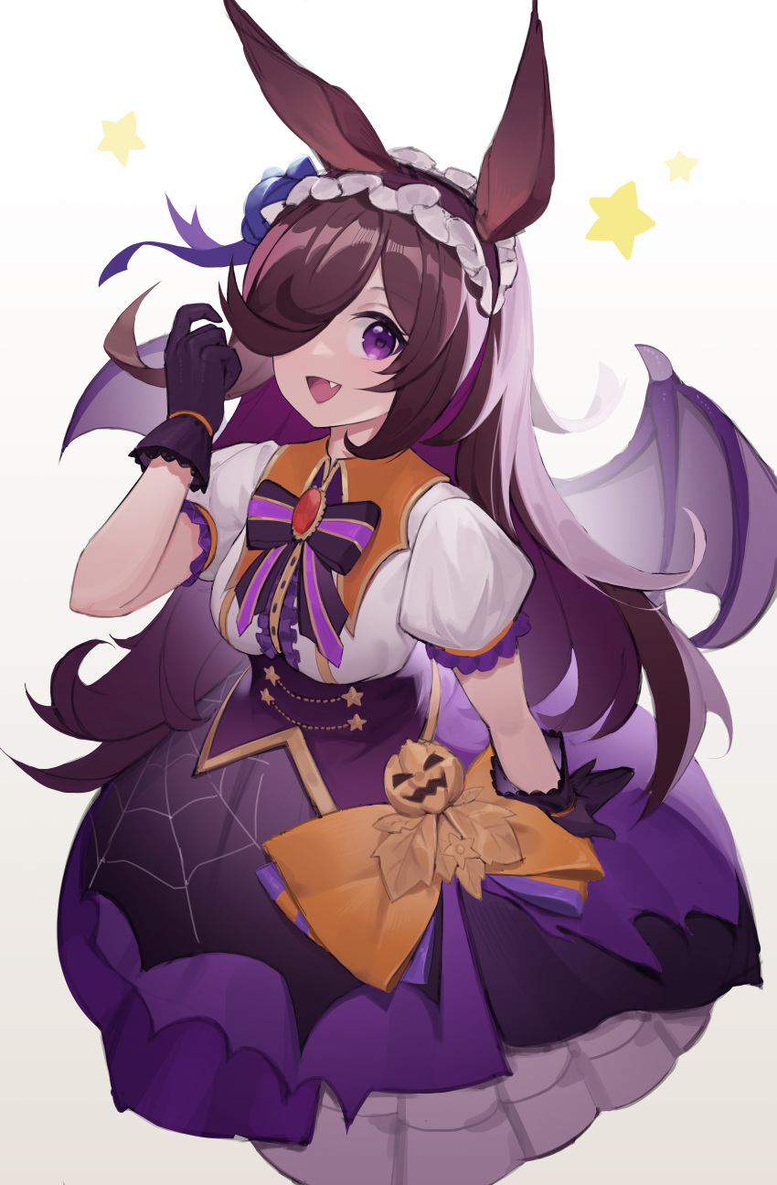 1girl absurdres animal_ears bat_wings black_gloves bow breasts brooch brown_hair fang frilled_hairband frills gem gloves hair_over_one_eye hairband hand_up highres horse_ears horse_girl jack-o'-lantern_ornament jewelry lace-trimmed_gloves lace_trim long_hair looking_at_viewer official_alternate_costume oiru_(fattyoils) open_mouth puffy_short_sleeves puffy_sleeves purple_eyes purple_gloves purple_skirt purple_wings red_gemstone rice_shower_(make_up_vampire!)_(umamusume) shirt short_sleeves skirt small_breasts smile solo spider_web_print star_(symbol) umamusume white_background white_shirt wings
