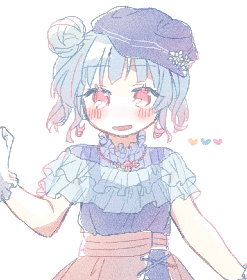 1girl :d arm_at_side blue_capelet blue_hair blue_headwear blue_overalls blush brown_skirt capelet cha_ipride cowboy_shot double_bun gloves gradient_hair hair_bun hand_up hat heart highres hyodou_shizuku idoly_pride jewelry looking_at_viewer multicolored_hair necklace open_mouth overalls pink_eyes pink_hair see-through_capelet short_hair short_sleeves sidelocks simple_background skirt smile solo straight-on white_background white_gloves