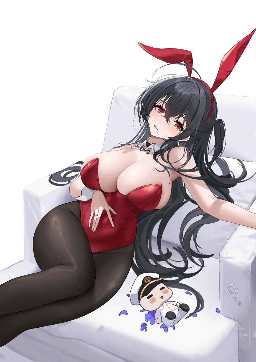 1girl absurdres ahoge animal_ears awwwwys azur_lane bare_shoulders black_choker black_hair black_pantyhose blush bone_earrings breasts character_doll choker cleavage commander_(azur_lane) couch covered_navel crossed_bangs dated detached_collar fake_animal_ears hair_between_eyes hand_on_own_stomach highleg highleg_leotard highres huge_breasts jewelry leotard long_hair looking_at_viewer lying on_back on_couch pantyhose parted_lips playboy_bunny rabbit_ears red_eyes ring skindentation solo strapless strapless_leotard stuffed_toy taihou_(azur_lane) thighs very_long_hair white_background wrist_cuffs