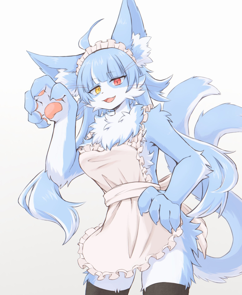 2023 anthro apron blue_body blue_fur clothing female fur hi_res inner_ear_fluff legwear maid_apron multicolored_eyes open_mouth simple_background ska_siyu solo thigh_highs tuft white_background white_body white_fur