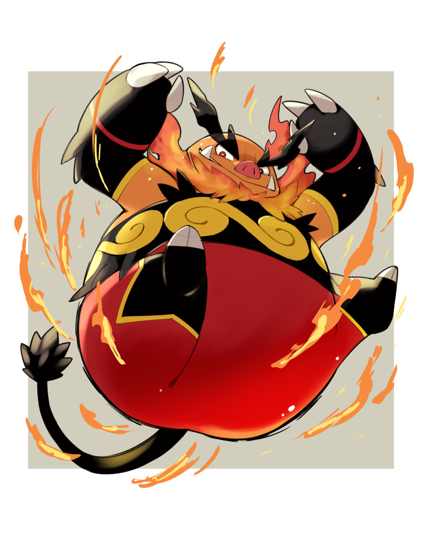 2023 absurd_res anthro belly big_belly biped butt emboar fire generation_5_pokemon hi_res kemono kinoshita-jiroh nintendo orange_body pokemon pokemon_(species) red_body simple_background solo