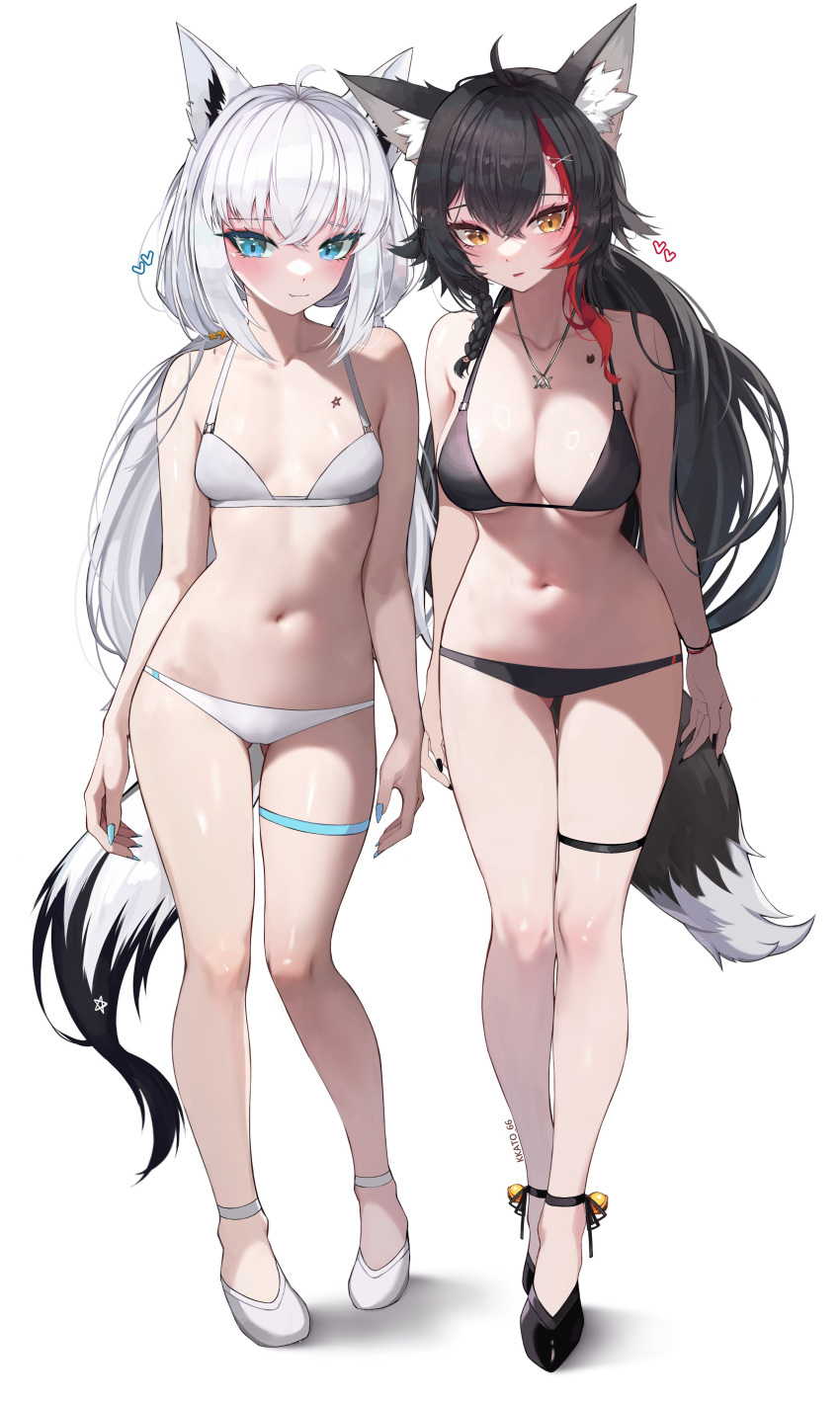 2girls absurdres animal_ears arms_at_sides bare_shoulders bikini black_bikini black_footwear black_hair blue_eyes breasts cleavage closed_mouth collarbone full_body heart highres hololive jewelry kkato large_breasts long_hair looking_at_viewer multicolored_hair multiple_girls navel necklace ookami_mio parted_lips red_hair shirakami_fubuki simple_background small_breasts smile standing star_(symbol) star_necklace stomach streaked_hair swimsuit tail thigh_strap white_background white_bikini white_footwear white_hair yellow_eyes