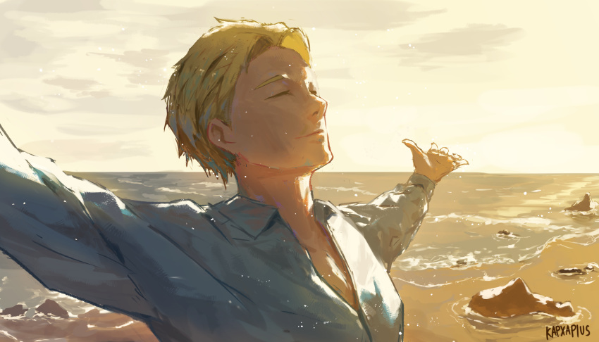 1boy absurdres blonde_hair blue_shirt closed_eyes closed_mouth cloud collared_shirt evening highres horizon jujutsu_kaisen kapxapius male_focus nanami_kento ocean outstretched_arms sand shirt short_hair solo water