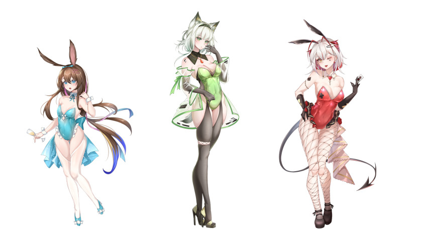 3girls ;d amiya_(arknights) animal_ears arknights ass_visible_through_thighs bare_shoulders between_fingers black_footwear black_gloves black_hairband black_thighhighs blue_bow blue_eyes blue_footwear blue_leotard bow breasts brown_eyes brown_hair card cleavage closed_mouth club_(shape) collar collarbone commentary_request covered_navel cup detached_collar detached_sleeves drink drinking_glass elbow_gloves fake_animal_ears fishnet_pantyhose fishnets frilled_leotard frills gloves green_eyes green_leotard grey_hair hair_between_eyes hair_bow hair_ornament hairband hairclip hand_up heart high_heels highres holding holding_card holding_cup jewelry kal'tsit_(arknights) leotard long_hair long_sleeves looking_at_viewer medium_breasts multicolored_hair multiple_girls nanaya_journey one_eye_closed pantyhose pendant playboy_bunny rabbit_ears red_hair red_leotard see-through shoes simple_background skindentation smile spade_(shape) standing strapless strapless_leotard streaked_hair tail thigh_gap thighhighs thighs two-tone_hair very_long_hair w_(arknights) white_background white_collar white_hair white_thighhighs wide_sleeves wing_collar wrist_cuffs