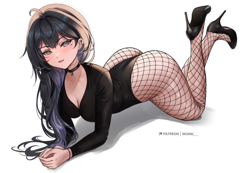 1girl artist_name ass black_choker black_footwear black_hair black_leotard breasts choker cleavage colored_inner_hair fishnet_pantyhose fishnets grey_eyes high_heels legs_up leotard long_hair looking_at_viewer medium_breasts multicolored_hair original pantyhose patreon_username purple_hair smile solo white_background wonnikon