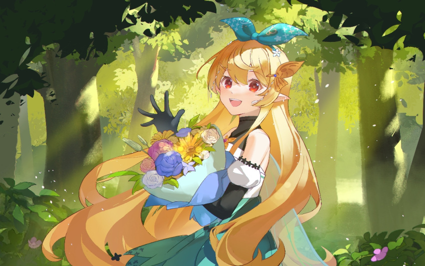 1girl bare_shoulders blonde_hair blush bouquet bow dappled_sunlight detached_sleeves fairy fairy_wings floating_hair flower forest hair_between_eyes hair_bow hair_ornament hairclip holding holding_bouquet long_hair looking_at_viewer nature nijisanji nijisanji_en open_mouth pointy_ears pomu_rainpuff red_eyes smile solo sunlight tangyunche tree very_long_hair virtual_youtuber waving wings