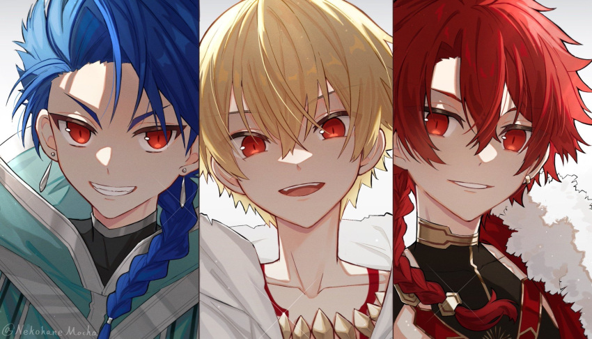 3boys alexander_(fate) blonde_hair blue_hair braid child_gilgamesh_(fate) column_lineup cu_chulainn_(fate) dot_nose earrings fate/grand_order fate_(series) gilgamesh_(fate) gradient_background grey_background grin hair_between_eyes hair_over_shoulder highres hood jewelry looking_at_viewer male_focus medium_hair messy_hair multiple_boys necklace nekohanemocha open_mouth rainbow_order red_eyes red_hair setanta_(fate) shirt smile twitter_username upper_body white_background white_shirt