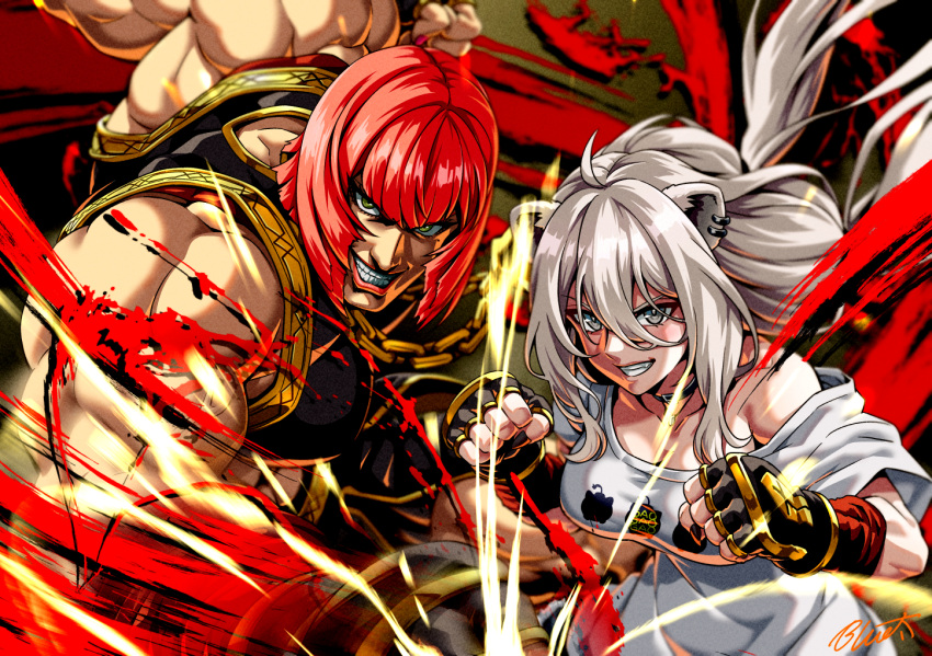 2girls animal_ear_piercing animal_ears biceps black_choker black_gloves black_tank_top bob_cut breasts buru-dai choker clenched_hands double-parted_bangs fighting_stance fingerless_gloves gloves grey_hair grin hair_between_eyes hololive large_breasts lion_ears long_hair long_hair_between_eyes marisa_(street_fighter) messy_hair multiple_girls muscular muscular_female red_hair shirt shishiro_botan shishiro_botan_(4th_costume) signature simple_background single_bare_shoulder smile sparks street_fighter street_fighter_6 t-shirt tank_top virtual_youtuber