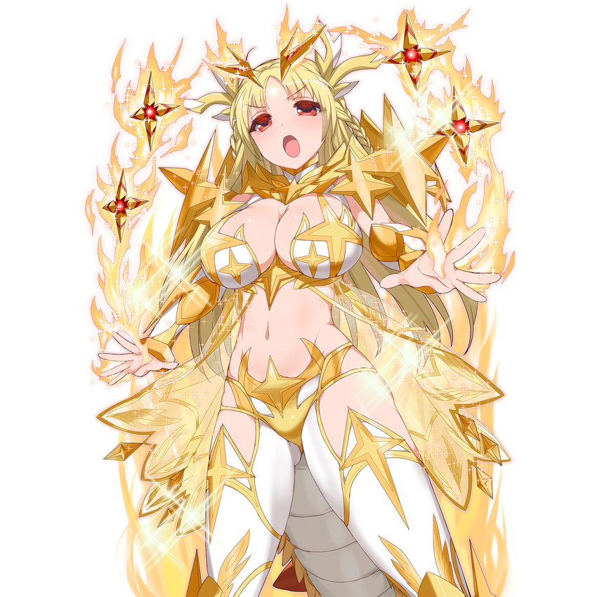 blonde_hair braid breasts character_request fire highres kusaka_souji large_breasts long_hair navel official_art open_mouth orange_(color) red_hair solo sparkle transparent_background twin_braids uchi_no_hime-sama_ga_ichiban_kawaii