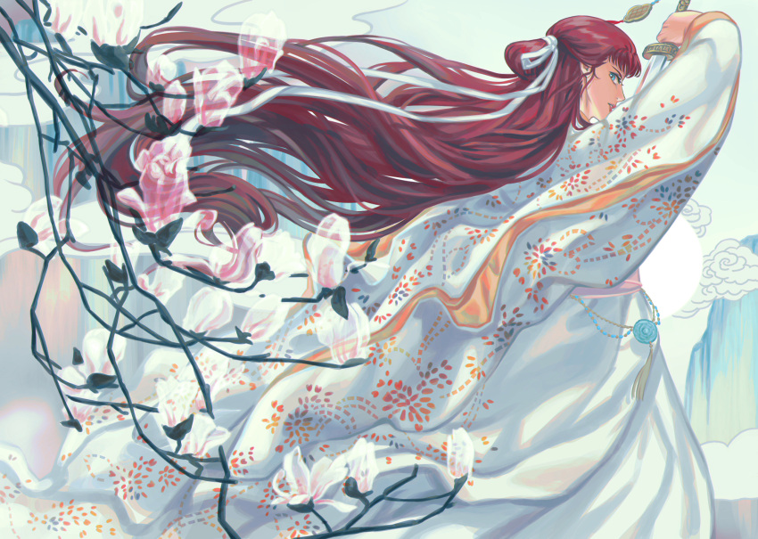 1girl arm_up blue_eyes branch chinese_clothes cloud feet_out_of_frame floating_hair from_behind half_updo hanfu highres holding holding_sword holding_weapon jacket juuni_kokuki long_hair long_sleeves looking_at_viewer mountainous_horizon nakajima_youko red_hair robe sideways_glance solo sword tassel very_long_hair weapon white_jacket white_robe wide_sleeves yaopei yi_(199702090505)