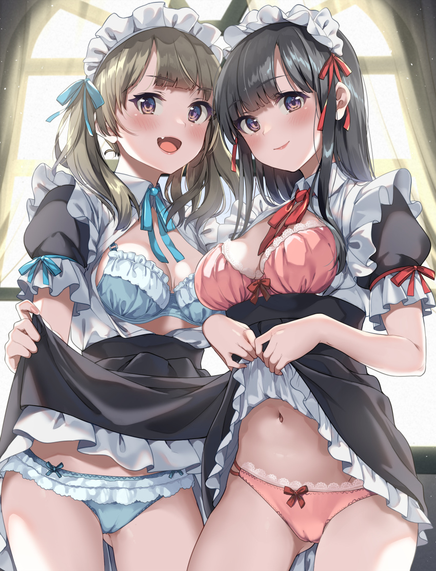 2girls :d absurdres aqua_bra aqua_panties ass_visible_through_thighs black_hair black_skirt blunt_bangs blush bra breasts brown_hair camel cameltoe closed_mouth clothes_lift fang hair_ribbon highres indoors lifted_by_self long_hair looking_at_viewer maid maid_headdress medium_breasts multiple_girls navel non-web_source open_clothes open_mouth open_shirt original panties purple_eyes red_bra red_panties ribbon shirt short_sleeves sidelocks skirt skirt_lift smile standing twintails unasaka_ryou underwear white_shirt window