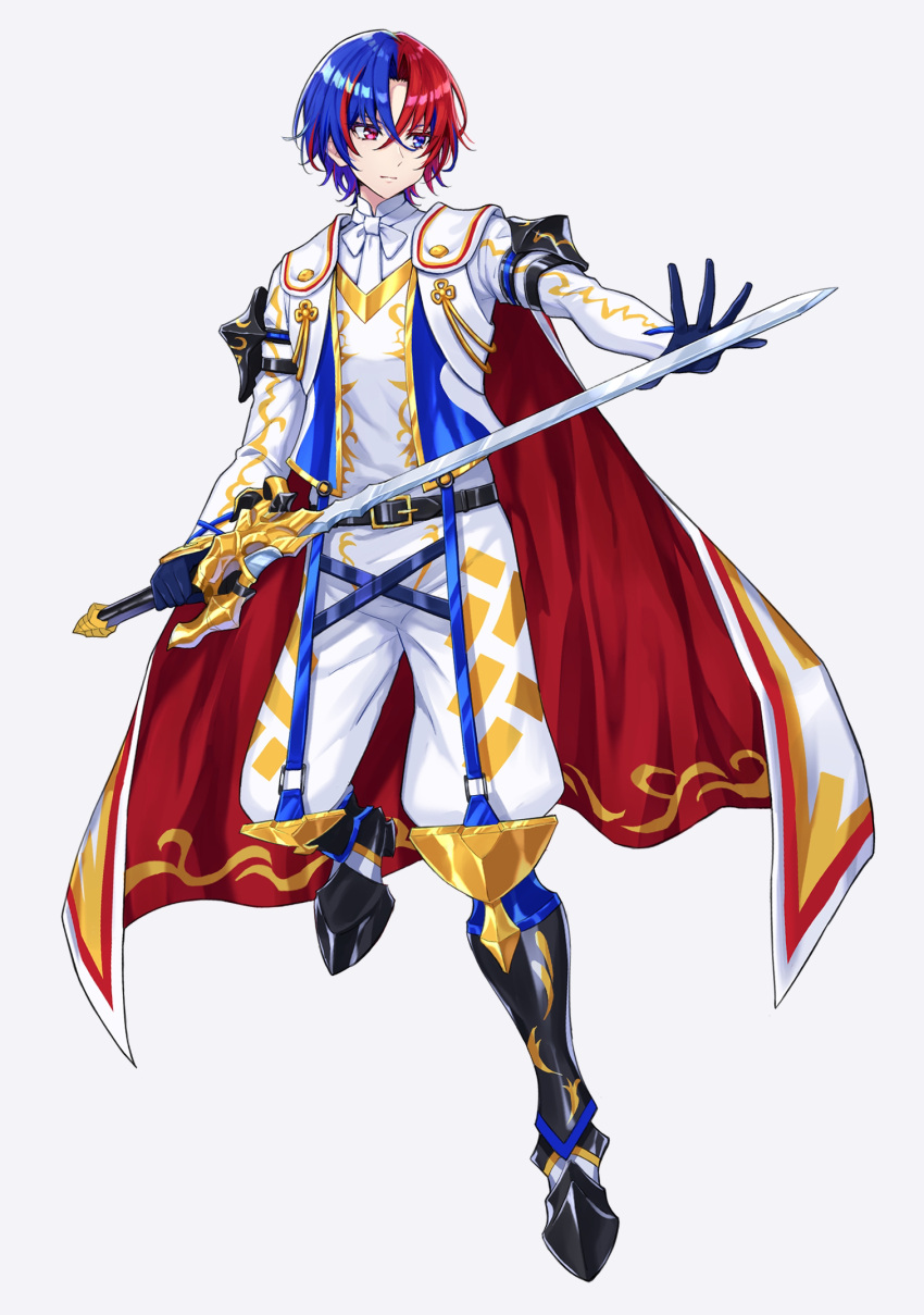 1boy alear_(fire_emblem) alear_(male)_(fire_emblem) belt black_belt blue_eyes blue_hair cape closed_mouth crossed_bangs fire_emblem fire_emblem_engage full_body gloves hair_between_eyes heterochromia highres holding holding_sword holding_weapon liberation_(fire_emblem) long_sleeves looking_down male_focus multicolored_hair red_eyes red_hair shinae short_hair solo sword two-tone_hair weapon white_background