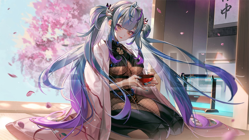 1girl antenna_hair beni_(bn12x20) blue_hair blue_nails bodysuit breasts cherry_blossoms eyeshadow fishnet_bodysuit fishnets katana kimono_on_shoulders large_breasts long_hair looking_at_viewer makeup pink_eyeshadow pink_lips purple_hair sample_watermark sitting smile solo sword twintails underboob v4mirai very_long_hair virtual_youtuber watermark weapon yae_yugiri yellow_eyes