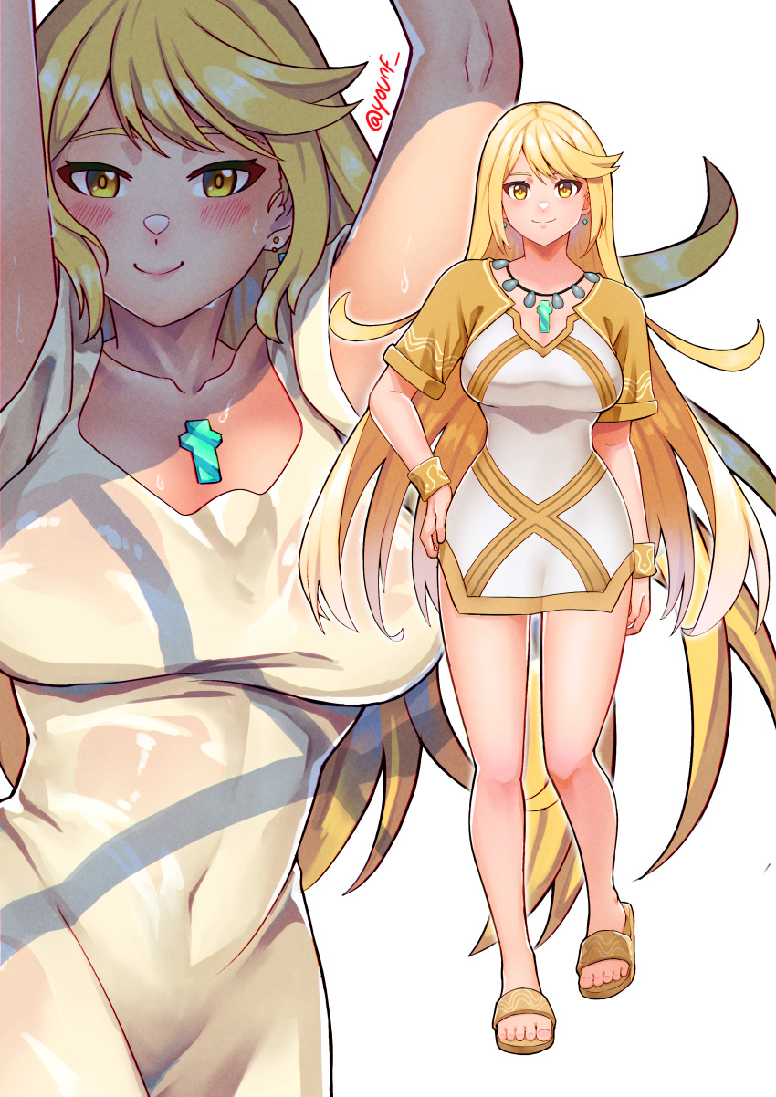 1girl absurdres alternate_costume bare_legs blonde_hair blush breasts chest_jewel closed_mouth dress earrings full_body hand_on_own_hip highres jewelry large_breasts long_hair looking_at_viewer multiple_views mythra_(xenoblade) necklace sandals short_dress smile swept_bangs toes walking wet wet_clothes white_dress xenoblade_chronicles_(series) xenoblade_chronicles_2 yellow_eyes you_nf