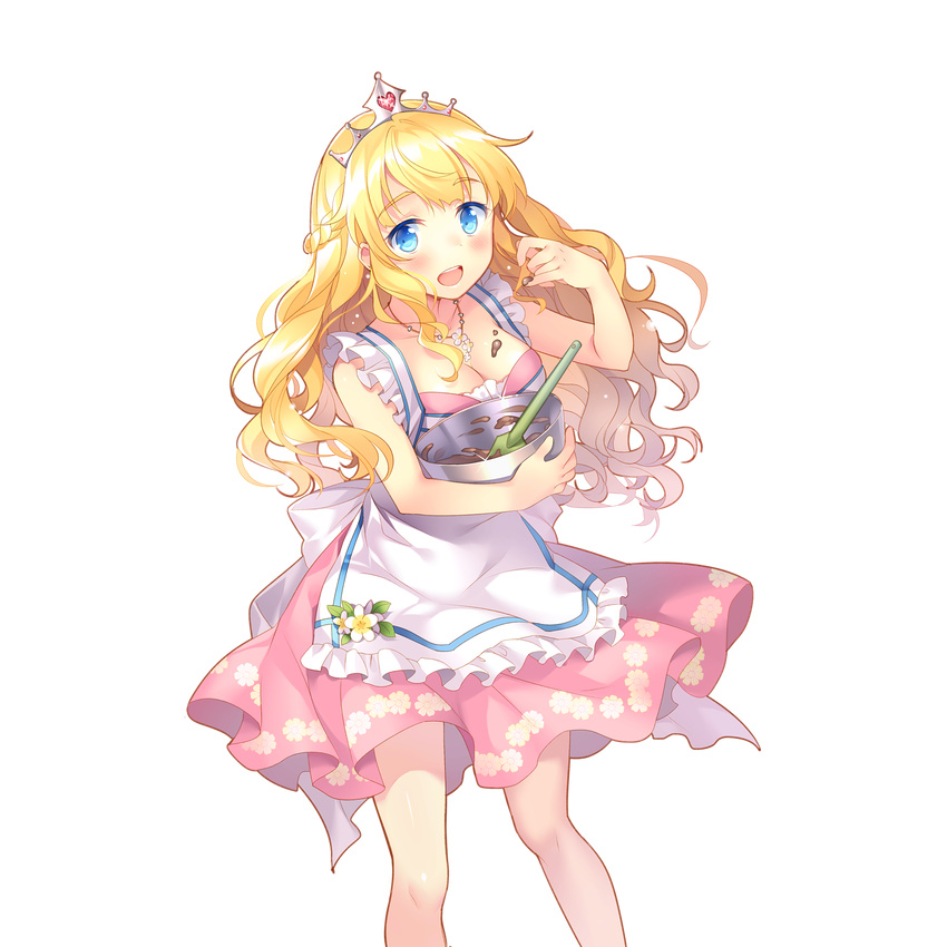 apron artist_request blonde_hair blue_eyes bowl braid breasts character_request chocolate chocolate_on_breasts cleavage dress floral_print french_braid highres holding long_hair medium_breasts mixing_bowl official_art open_mouth solo spatula tiara transparent_background uchi_no_hime-sama_ga_ichiban_kawaii