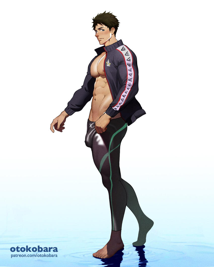 1boy abs artist_name bara bare_pectorals black_hair black_jacket black_male_swimwear blue_eyes bulge closed_mouth free! highres jacket jammers large_pectorals male_focus male_swimwear muscular muscular_male navel nipples open_clothes open_jacket otokobara patreon_username pectorals short_hair solo yamazaki_sousuke