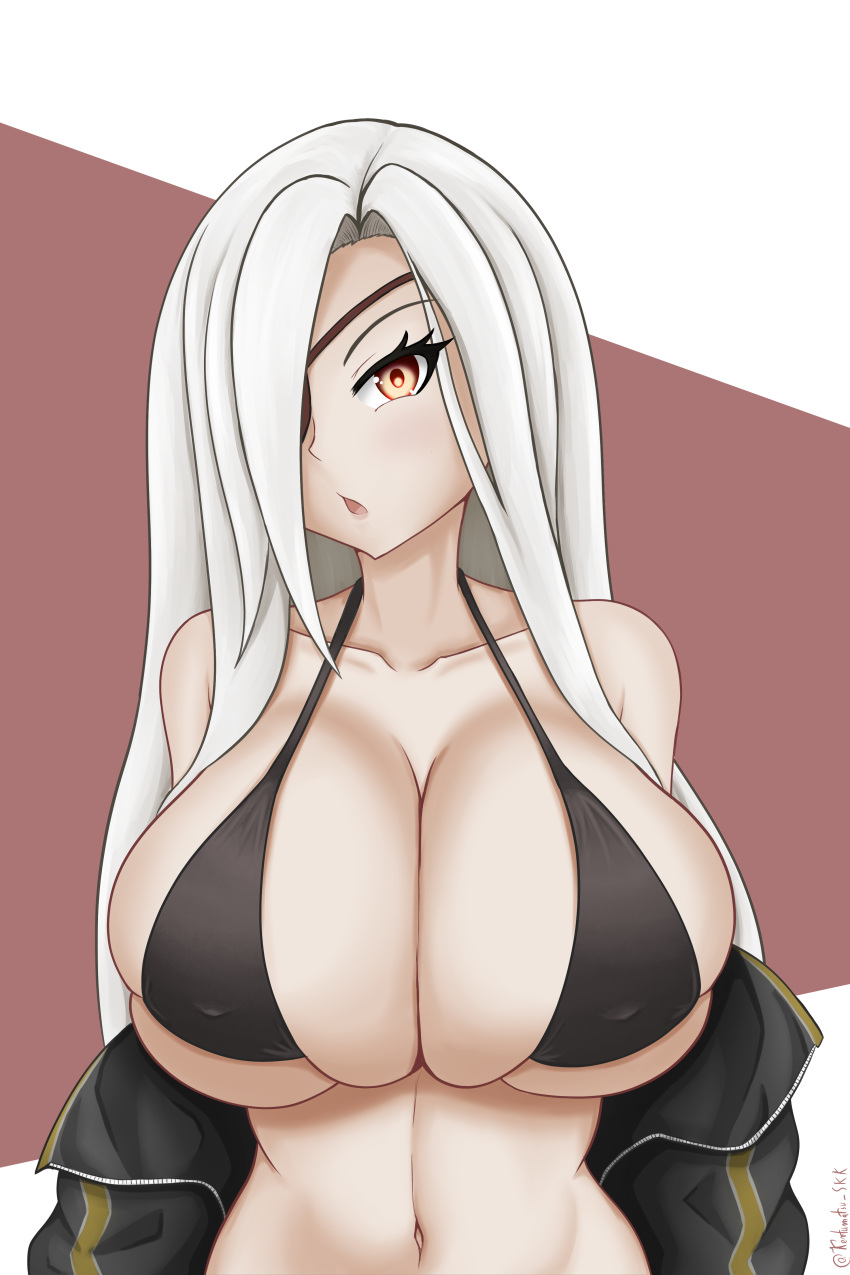 1girl absurdres alchemist_(girls'_frontline) bikini black_bikini black_jacket blush breasts brown_background chestnut_mouth collarbone commentary covered_nipples english_commentary eyepatch girls'_frontline hair_over_one_eye highres huge_breasts jacket kentumatsu long_hair looking_at_viewer navel off_shoulder open_clothes open_jacket open_mouth sangvis_ferri simple_background skindentation solo swimsuit twitter_username two-tone_background upper_body very_long_hair white_background white_hair yellow_eyes