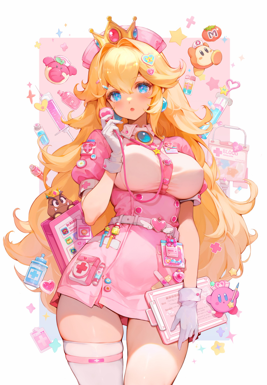 1girl belt blonde_hair blue_eyes blush breasts clipboard crown dress earrings gloves goomba hair_between_eyes hair_ornament hat highres jewelry kirby kirby_(series) large_breasts long_hair looking_at_viewer mario_(series) mushroommirror nurse nurse_cap open_mouth pill pink_dress princess_peach puffy_short_sleeves puffy_sleeves short_sleeves single_thighhigh skindentation solo star_(symbol) stethoscope syringe thighhighs thighs very_long_hair waddle_dee white_background white_gloves white_thighhighs