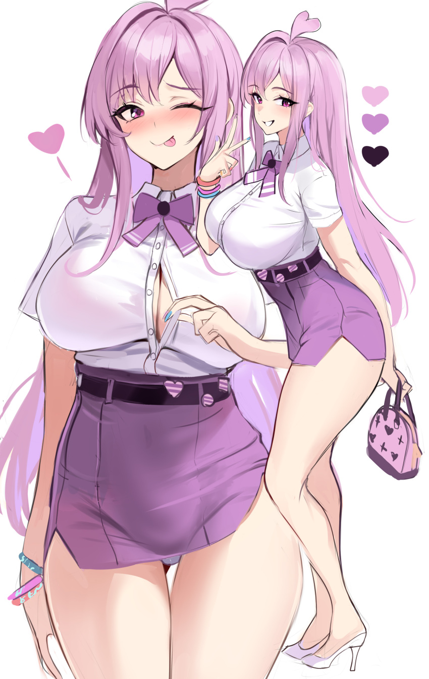 1girl ;p absurdres ahoge bag belt bracelet breasts cleavage full_body gyaru heart heart_ahoge highres jewelry large_breasts long_hair nail_polish one_eye_closed original pencil_skirt pink_eyes pink_hair shirt simple_background sketch skirt solo stone_(ksorede) tongue tongue_out undressing v white_background white_shirt