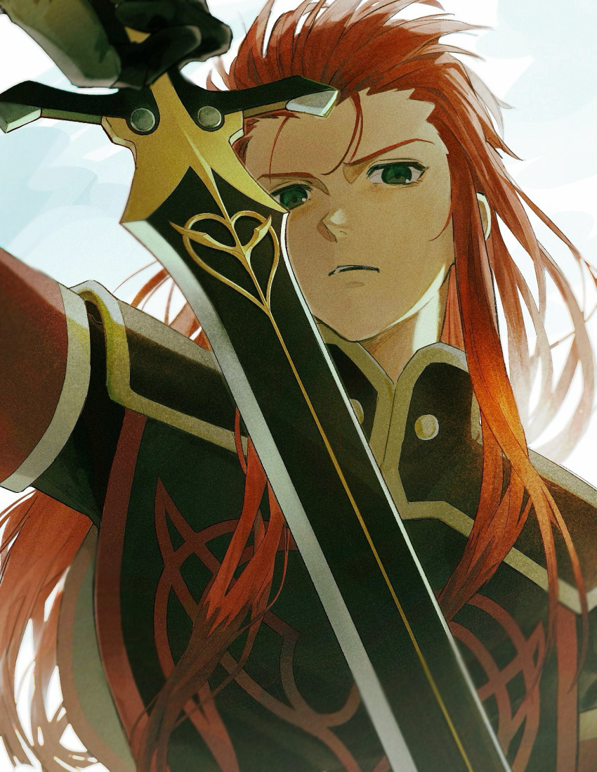 1boy asch_(tales) black_gloves black_tabard blue_sky cloud cloudy_sky commentary elbow_gloves gloves green_eyes hair_slicked_back hand_up high_collar highres holding holding_sword holding_weapon long_hair looking_at_viewer male_focus meba outdoors parted_lips red_hair serious shoulder_pads sidelocks sky solo spiked_hair sword tabard tales_of_(series) tales_of_the_abyss upper_body weapon