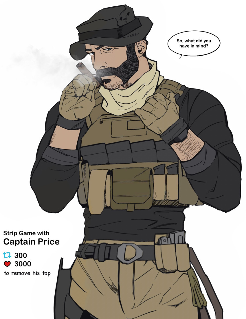 1boy bara beard belt black_belt black_hair black_shirt bonjourdraws brown_gloves brown_pants brown_scarf bulletproof_vest call_of_duty call_of_duty:_modern_warfare_2 captain_price cigar english_text facial_hair gloves hat highres holding holding_cigar like_and_retweet looking_at_viewer male_focus meme muscular muscular_male pants scarf shirt short_hair solo twitter_strip_game_(meme)