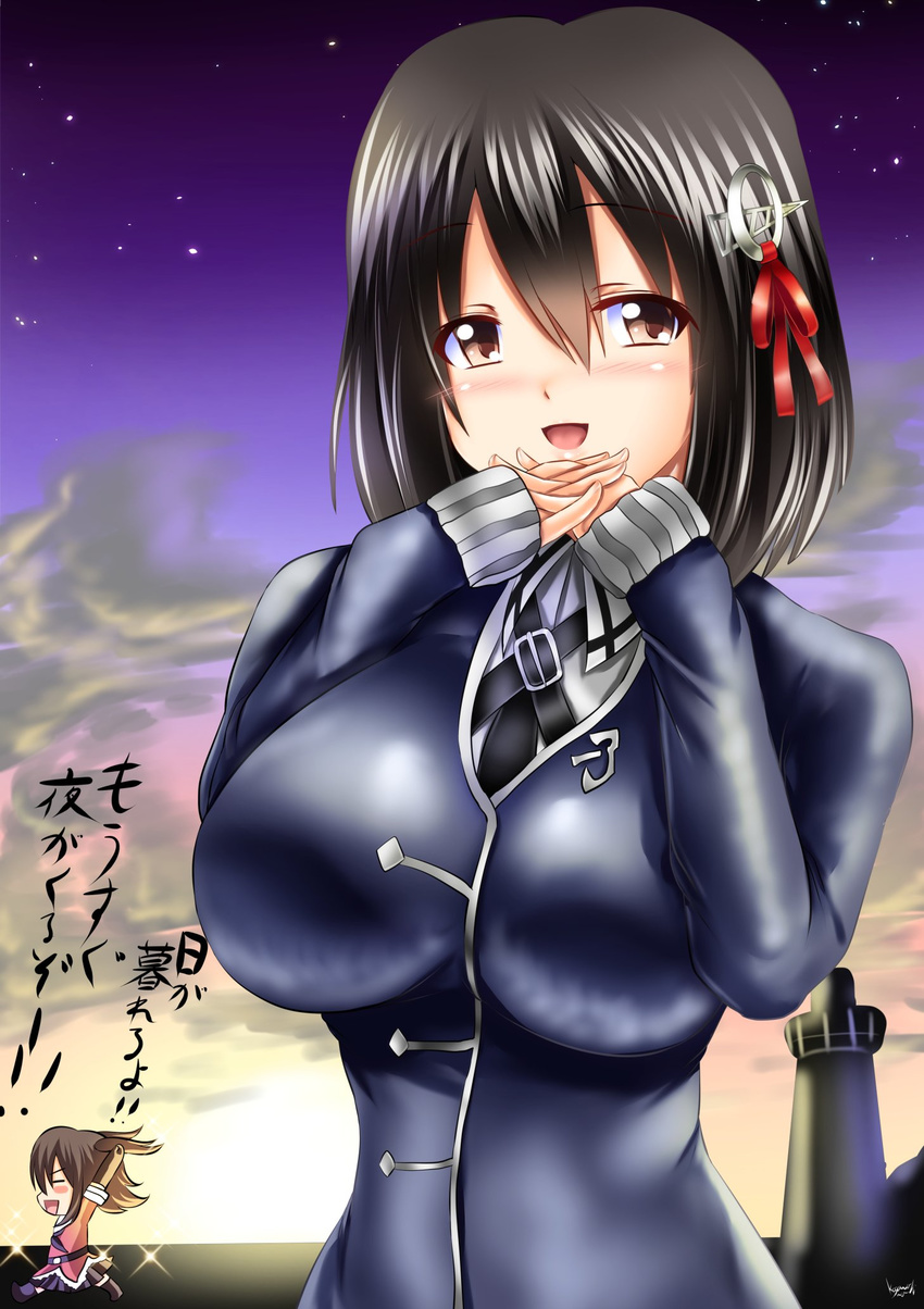:d arms_up black_hair blush blush_stickers breasts brown_eyes brown_hair chibi closed_eyes cloud eyebrows eyebrows_visible_through_hair gloves haguro_(kantai_collection) hair_ornament hairclip highres huge_breasts kantai_collection kogawawaki looking_at_viewer military military_uniform neckerchief necktie open_mouth pleated_skirt remodel_(kantai_collection) sendai_(kantai_collection) short_hair signature skirt sky sleeves_past_wrists smile star_(sky) sunset translation_request two_side_up uniform