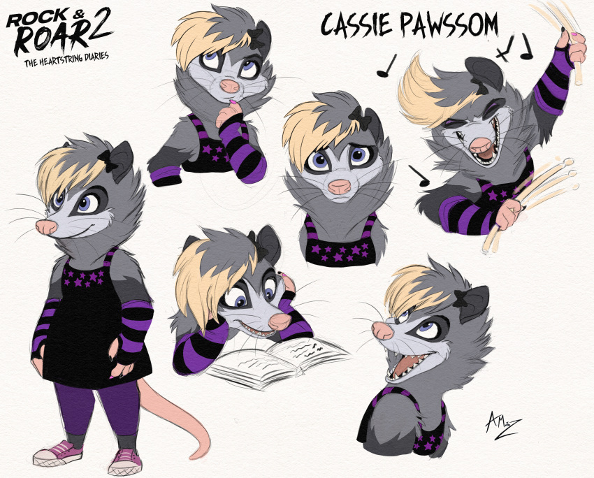 american_opossum anthro biped cassie_pawssom clothed clothing english_text female fingers footwear fur grey_body grey_fur hi_res mammal marsupial musical_note open_mouth open_smile rock_and_roar rockandroar shoes smile solo tail text whiskers