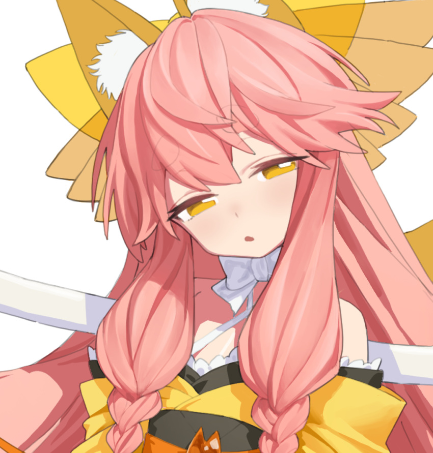 1girl animal_ear_fluff animal_ears bow_choker detached_sleeves fate/samurai_remnant fate_(series) fox_ears half-closed_eyes highres japanese_clothes kimono long_hair looking_at_viewer meowtterin orange_eyes parted_lips sash sidelocks simple_background solo tamamo_(fate) tamamo_aria_(fate) upper_body weapon_behind_back white_background yellow_kimono