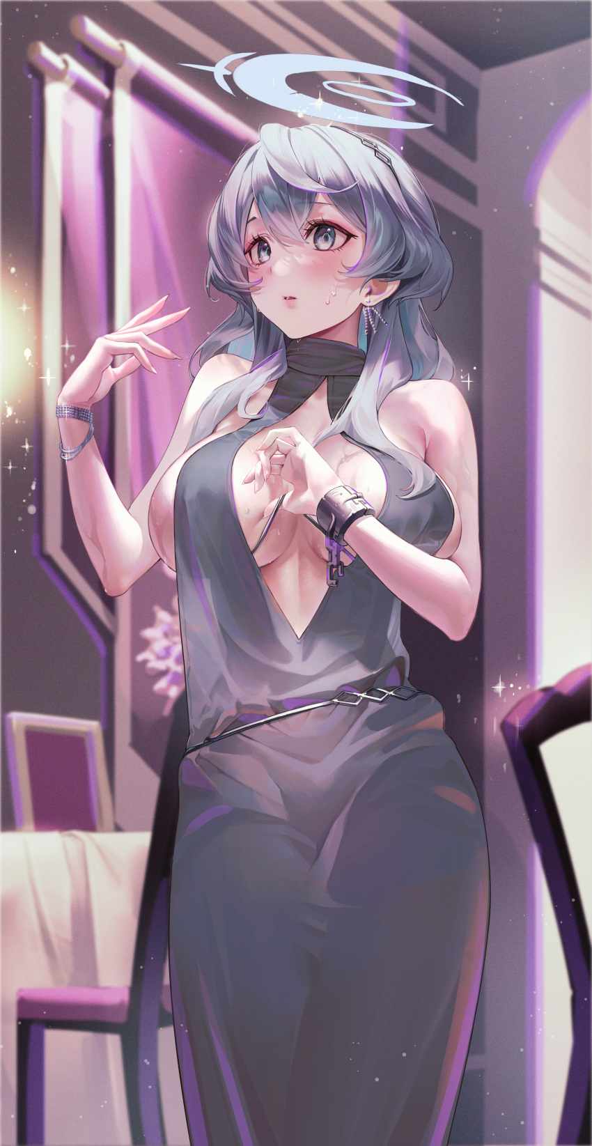 1girl absurdres ako_(blue_archive) ako_(dress)_(blue_archive) bare_arms bare_shoulders blue_archive blue_dress blue_eyes blue_hair blue_halo blush breasts cowboy_shot cuffs dance_arm dress earrings halo hand_up handcuffs highres indoors jewelry large_breasts long_hair official_alternate_costume open_mouth plunging_neckline see-through sideless_dress single_handcuff sleeveless sleeveless_dress solo standing sweat