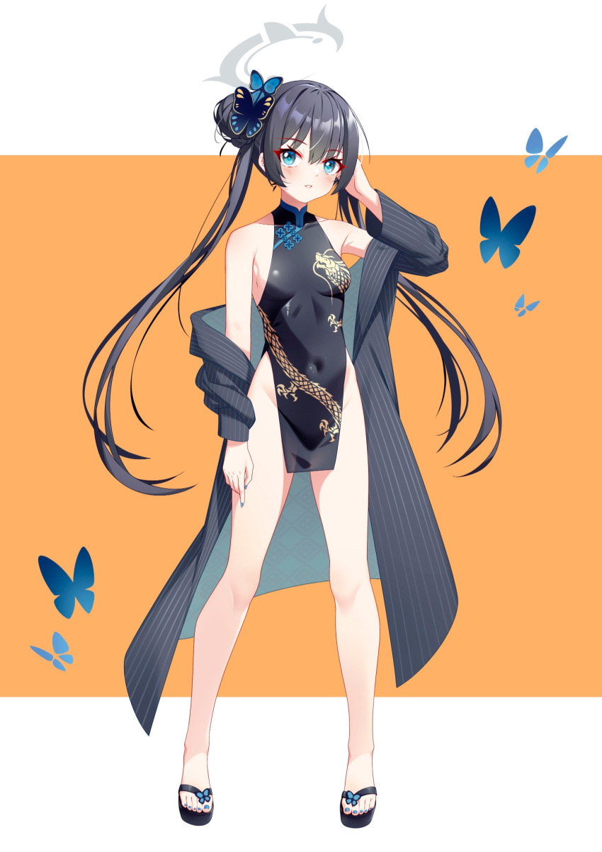 1girl black_dress black_footwear black_hair black_jacket blue_archive blue_eyes blue_nails breasts butterfly_hair_ornament china_dress chinese_clothes commentary covered_navel double_bun dragon_print dress fingernails full_body gasai_azusa grey_halo hair_bun hair_ornament halo highres jacket kisaki_(blue_archive) long_hair looking_at_viewer nail_polish orange_background print_dress sandals sleeveless sleeveless_dress small_breasts solo standing striped_clothes striped_jacket thighs toenail_polish toenails twintails two-tone_background vertical-striped_clothes vertical-striped_jacket white_background