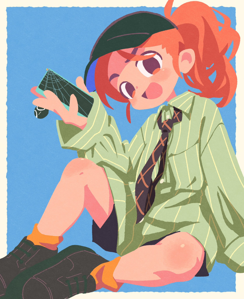 1girl :d blue_background brown_footwear collared_shirt cracked_phone green_shirt head_tilt high_ponytail highres knee_up knees looking_at_viewer necktie northwoodinside orange_eyes orange_hair orange_socks original oversized_clothes oversized_shirt ponytail raised_eyebrow shirt smile socks solo striped_clothes striped_shirt vertical-striped_clothes vertical-striped_shirt