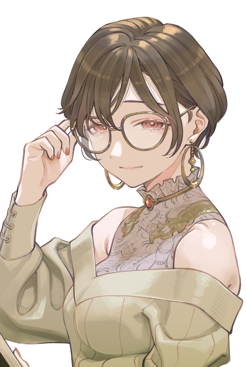 1girl absurdres adjusting_eyewear bare_shoulders breasts brooch brown-framed_eyewear brown_hair closed_mouth earrings frilled_shirt_collar frills from_side glasses hand_on_eyewear hand_up happy highres holding hoop_earrings jewelry long_sleeves looking_at_viewer looking_to_the_side mada_tetsukazu nail_polish neck_ring nijisanji off-shoulder_sweater off_shoulder red_eyes red_nails shirayuki_tomoe shirayuki_tomoe_(4th_costume) shirt short_hair simple_background sleeveless sleeveless_shirt smile solo sweater upper_body v-neck virtual_youtuber white_background