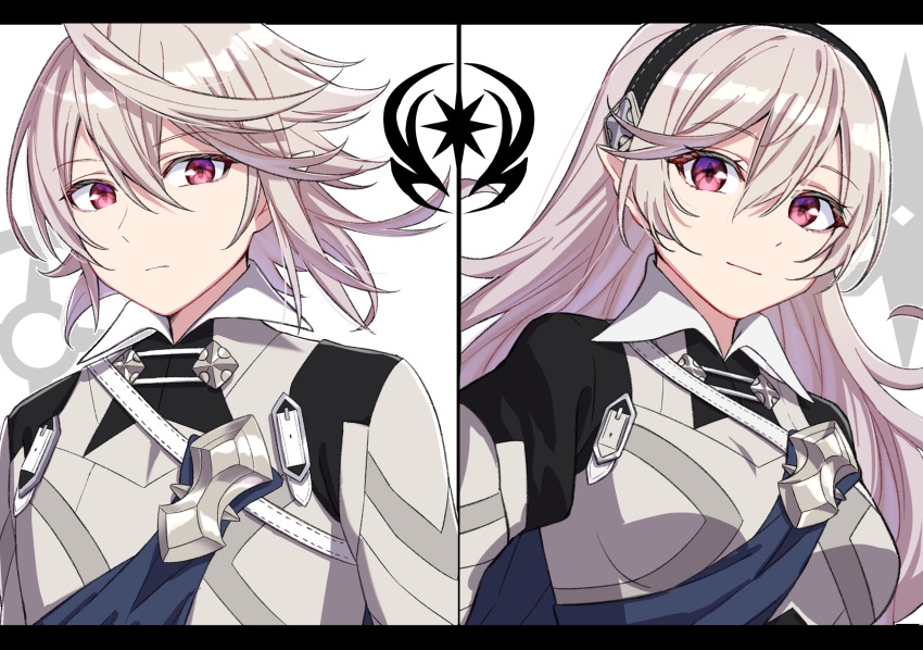 1boy 1girl black_hairband closed_mouth corrin_(female)_(fire_emblem) corrin_(fire_emblem) corrin_(male)_(fire_emblem) fire_emblem fire_emblem_fates grey_hair hair_between_eyes hairband highres long_hair looking_at_viewer pointy_ears red_eyes shinae short_hair upper_body white_background