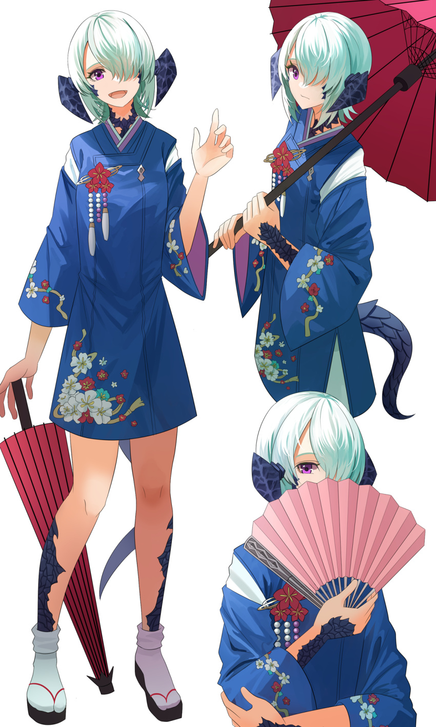 1girl au_ra blue_hair blue_kimono closed_mouth covering_own_mouth cropped_legs dragon_horns dragon_tail final_fantasy final_fantasy_xiv flat_chest full_body hair_between_eyes hair_over_one_eye hand_fan highres holding holding_fan holding_umbrella horns japanese_clothes kimono looking_at_viewer multiple_views oil-paper_umbrella ojiki okobo open_mouth purple_eyes sandals scales simple_background smile tail umbrella upper_body white_background wide_sleeves