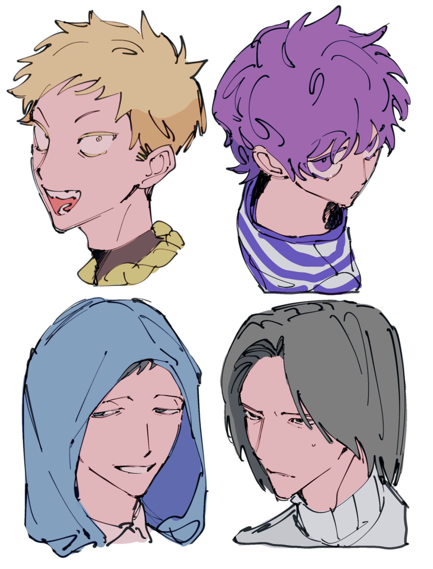 4boys bandana bandana_around_neck black_eyes black_hair blonde_hair blue_eyes collared_shirt commentary_request constricted_pupils cropped_head cropped_shoulders curtained_hair grin hacchi_(napoli_no_otokotachi) half-closed_eyes highres hood hood_up jack-o'_ran-tan light_frown looking_at_viewer male_focus multiple_boys naotin3333 napoli_no_otokotachi purple_eyes purple_hair purple_shirt shirt short_hair shu3_(napoli_no_otokotachi) simple_background smile striped_clothes striped_shirt sugiru_(napoli_no_otokotachi) sweat sweater tareme turtleneck turtleneck_sweater v-shaped_eyebrows white_background white_sweater yellow_bandana yellow_eyes