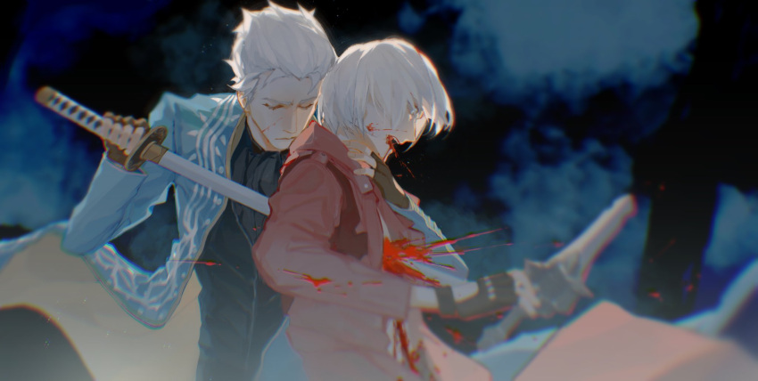 blood blue_coat coat dante_(devil_may_cry) devil_may_cry_(series) devil_may_cry_3 fingerless_gloves gloves gun highres holding male_focus multiple_boys rebellion_(sword) red_coat sherlockkkkkm stab sword vergil_(devil_may_cry) weapon white_hair yamato_(sword)