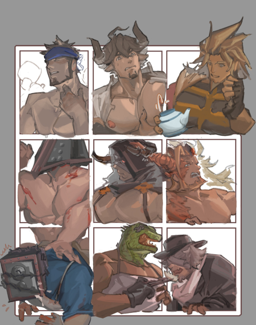 6+boys anal animal_head bara barawa bare_pectorals beard biceps blonde_hair blue_headband caiman_(dorohedoro) character_request copyright_request cow_boy cow_horns cowboy_shot dorohedoro draph facial_hair fedora feeding flexing full_beard goatee grabbing_own_pectoral granblue_fantasy green_scales guilty_gear hat headband highres horns large_pectorals leo_whitefang luboyaqqz male_focus male_lactation mature_male multiple_boys multiple_drawing_challenge muscular muscular_male nipples object_head outside_border pectorals pouring pyramid_head reptile_boy sex short_hair silent_hill_(series) six_fanarts_challenge smile spikes sweat teapot thick_beard thick_eyebrows vaseraga yaoi