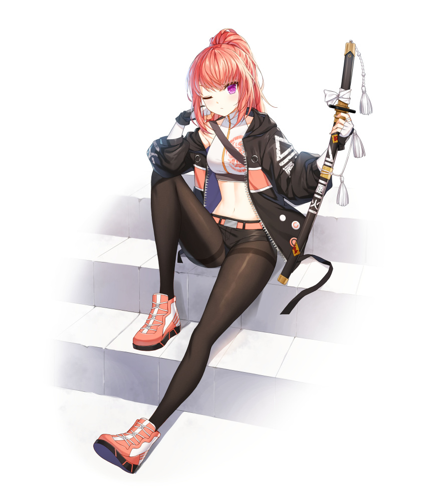 1girl absurdres bare_shoulders belt black_jacket black_shorts breasts brown_pantyhose closers crop_top elbow_gloves gloves highres holding holding_sword holding_weapon jacket katana knee_up long_hair long_sleeves looking_at_viewer luna_aegis_(closers) medium_breasts micro_shorts midriff nail_polish navel off_shoulder official_art one_eye_closed open_clothes open_jacket orange_hair pantyhose pink_footwear ponytail purple_eyes sheath sheathed shirt shoes shorts sitting sleeveless sleeveless_shirt sleeveless_turtleneck solo stomach sword thighband_pantyhose turtleneck weapon white_background white_gloves white_shirt