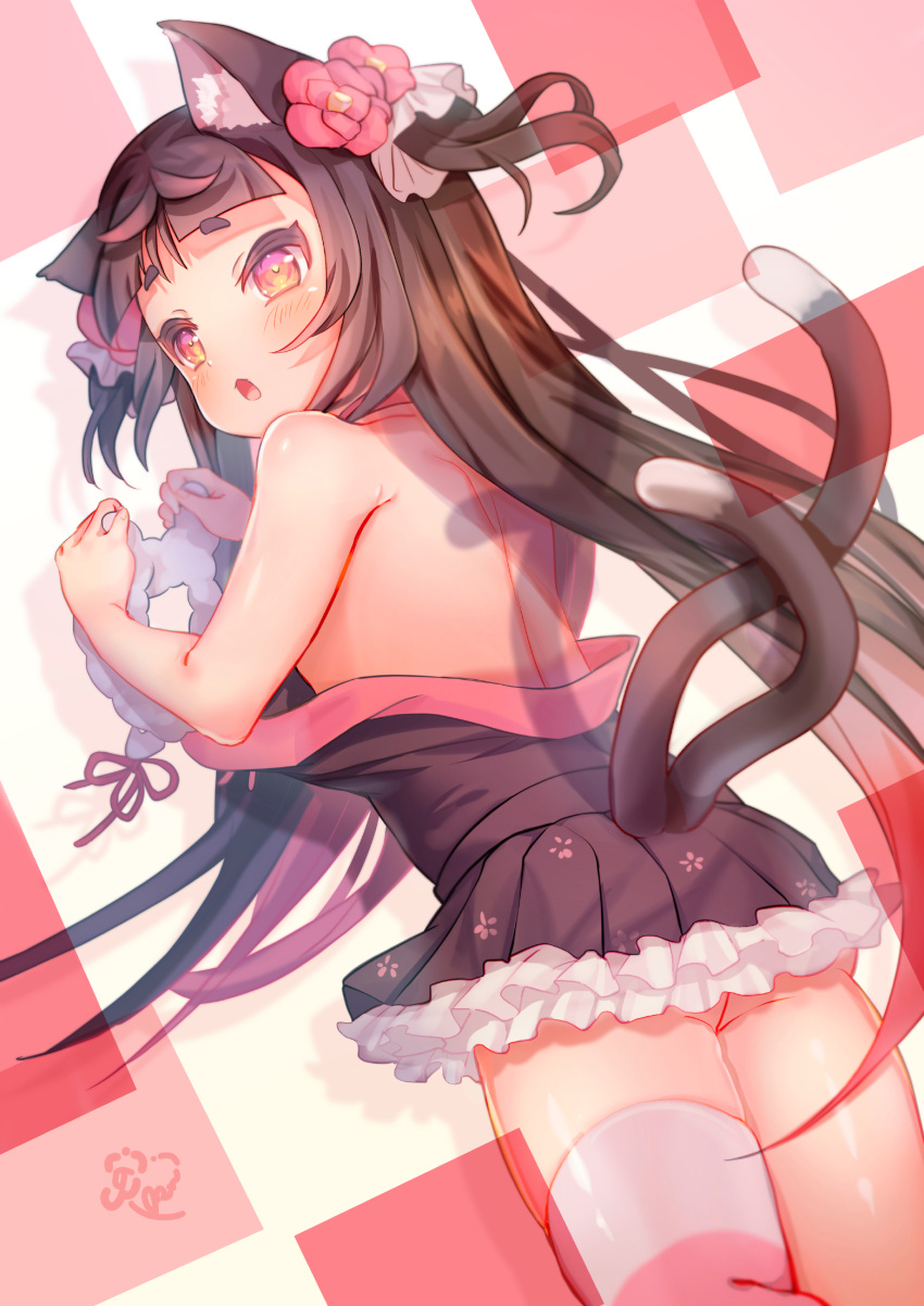 1girl absurdres animal_ears bare_back bare_shoulders blush brown_hair cat_ears cat_girl cat_tail caught flower hair_flower hair_ornament highres iwaibeni83 long_hair multiple_tails nekoyama_nae single_thighhigh surprised tail thighhighs two_tails undressing virtual_youtuber