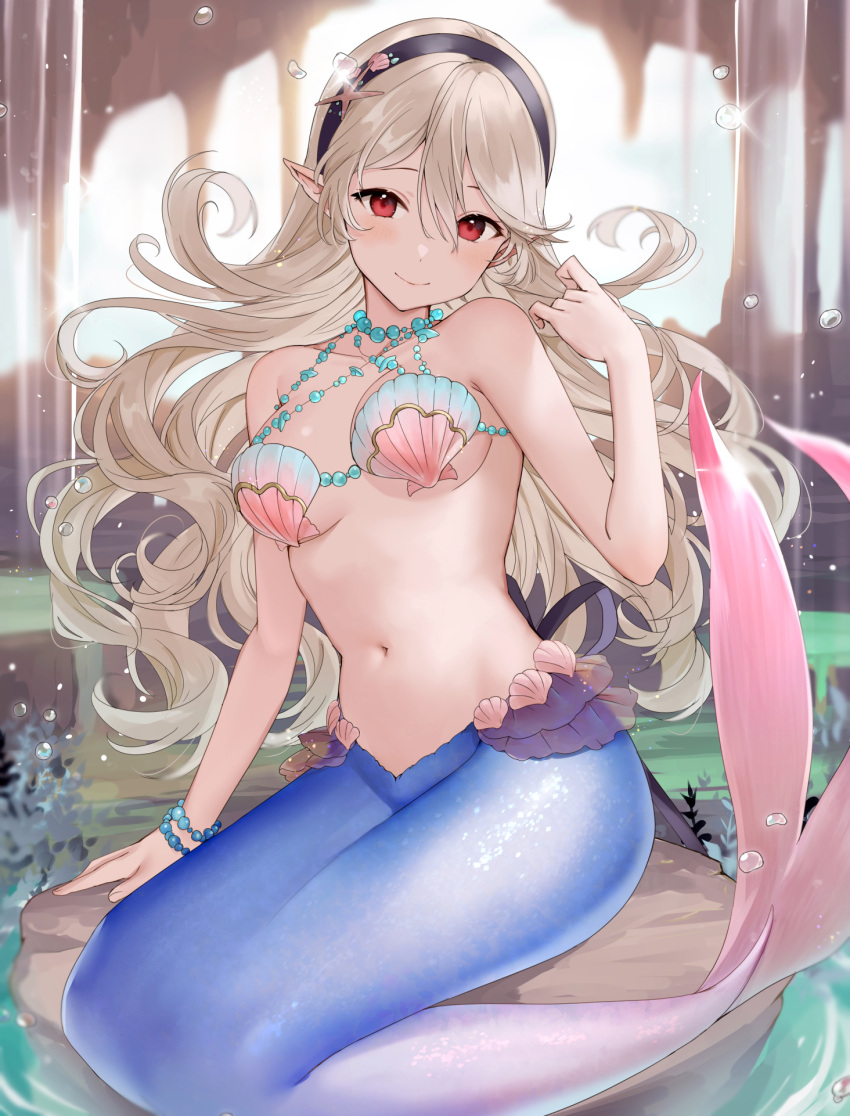 1girl bare_arms bare_shoulders black_hairband bracelet breasts closed_mouth commentary corrin_(female)_(fire_emblem) corrin_(fire_emblem) fire_emblem fire_emblem_fates floating_hair grey_hair hair_between_eyes hairband haru_(nakajou-28) highres jewelry long_hair looking_at_viewer medium_breasts mermaid monster_girl monsterification navel pointy_ears red_eyes revision shell shell_bikini sitting solo starfish stomach symbol-only_commentary