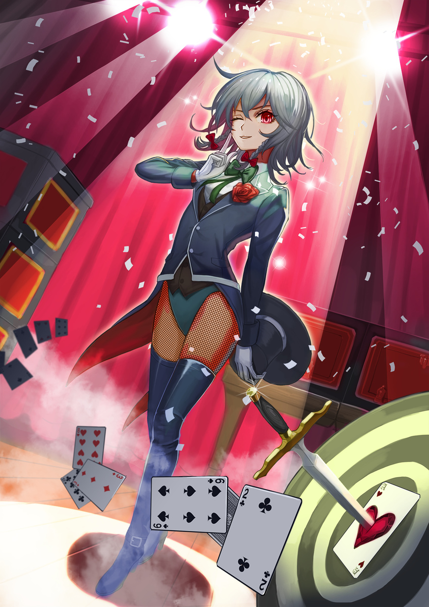 ace ace_of_hearts blue_coat blue_footwear blue_legwear boots bow bowtie braid card club_(shape) coat coattails confetti curtains dagger diamond_(shape) dutch_angle finger_to_mouth fishnet_pantyhose fishnets flower fog full_body gloves green_bow green_neckwear grey_hair hair_ribbon hat heart highres izayoi_sakuya long_sleeves looking_at_viewer magician one_eye_closed pantyhose playing_card recare red_bow red_eyes red_flower red_rose ribbon rose smile solo spade_(shape) sparkle spotlight table target thigh_boots thighhighs top_hat touhou tress_ribbon twin_braids weapon white_gloves