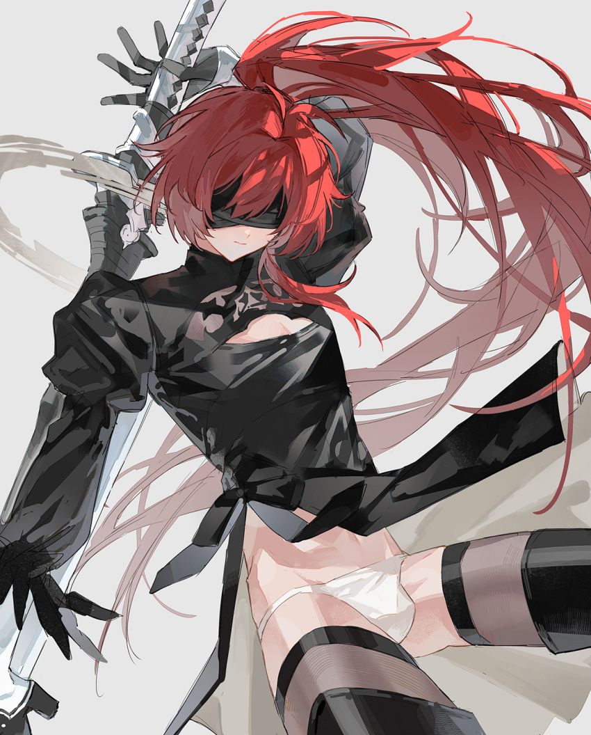 1boy 2b_(nier:automata) 2b_(nier:automata)_(cosplay) black_blindfold black_gloves black_sleeves blindfold bulge closed_mouth cosplay diluc_(genshin_impact) genshin_impact gloves highres holding holding_sword holding_weapon long_hair long_sleeves male_focus nnnnndan ponytail red_hair simple_background solo sword upper_body weapon white_background