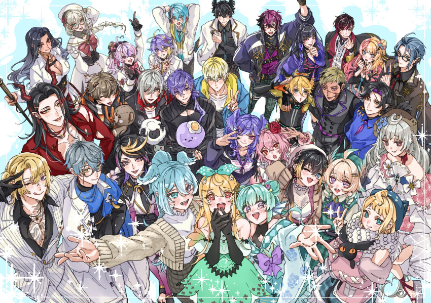 6+boys 6+girls :q ahoge aia_amare aia_amare_(1st_costume) alban_knox alban_knox_(1st_costume) animal_hat aqua_eyes ascot aster_arcadia bikini black_bodysuit black_corset black_gloves black_hair black_horns black_shirt blazer blonde_hair blue_ascot blue_hair blue_headwear blue_jacket blue_necktie blue_scarf blue_shirt bodysuit braid breasts brown_hair brown_headwear brown_jacket cat_hat cleavage collared_shirt comfydant_(fulgur_ovid) corset cropped_jacket crying dana_(try_286s84) dark-skinned_male dark_skin doppio_dropscythe double_bun elbow_gloves elira_pendora elira_pendora_(3rd_costume) enna_alouette enna_alouette_(3rd_costume) everyone finana_ryugu finana_ryugu_(2nd_costume) flower front_ponytail fulgur_ovid fulgur_ovid_(1st_costume) glasses gloves goggles goggles_on_head gradient_hair green_hair green_skirt grey_hair grey_vest hair_between_eyes hair_bun hair_flower hair_ornament hairclip halterneck hat head_wings heart heart_ahoge heterochromia hex_haywire high_ponytail highres horns ike_eveland ike_eveland_(1st_costume) jacket japanese_clothes jewelry kimono kotoka_torahime kyo_kaneko long_hair long_sleeves luca_kaneshiro luca_kaneshiro_(1st_costume) lucie_(millie_parfait) maria_marionette meloco_kyoran millie_parfait millie_parfait_(3rd_costume) multicolored_hair multiple_boys multiple_girls necklace necktie nijisanji nijisanji_en one_eye_closed open_clothes open_jacket orange_eyes petra_gurin petra_gurin_(3rd_costume) pink_hair pink_jacket pomu_rainpuff pomu_rainpuff_(1st_costume) purple_eyes purple_hair red_flower red_hair red_horns red_rose reimu_endou reimu_endou_(3rd_costume) ren_zotto rose rosemi_lovelock scar scar_on_face scarf scarle_yonaguni school_uniform shirt short_hair short_kimono shu_yamino shu_yamino_(1st_costume) side_ponytail single_braid skirt sleeves_past_fingers sleeves_past_wrists smile sonny_brisko sonny_brisko_(2nd_costume) split-color_hair stargazer_(uki_violeta) streaked_hair stuffed_animal stuffed_toy suit sweater swimsuit teddy_bear tongue tongue_out twin_braids twintails uki_violeta uki_violeta_(2nd_costume) v vantacrow_bringer ver_vermillion vest vezalius_bandage vox_akuma vox_akuma_(3rd_costume) white_headwear white_jacket white_scarf white_shirt white_sweater wings yellow_eyes yu_q._wilson