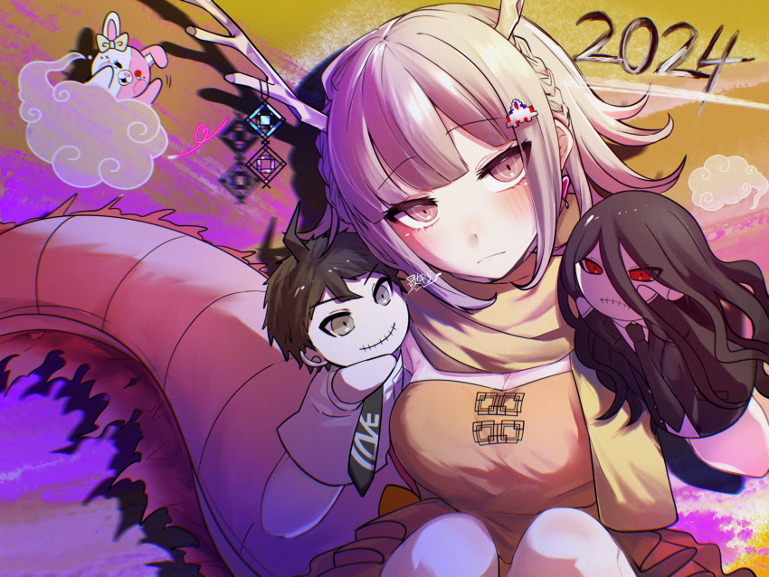 1girl 2024 ahoge antlers blush bow braid breasts character_doll cloud danganronpa_(series) danganronpa_2:_goodbye_despair dragon_tail ear_bow frown galaga hair_ornament highres hinata_hajime horns kamukura_izuru knees_up large_breasts looking_at_viewer medium_hair monomi_(danganronpa) multicolored_background nanami_chiaki pink_eyes solo tail zui_nianshao