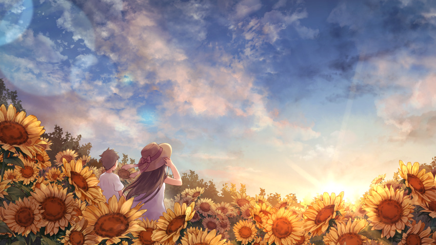 1boy 1girl absurdres brown_hair dress field flower flower_field from_behind hand_on_headwear hat highres long_hair marian_oekaki original outdoors shirt short_hair sky sun_hat sunflower sunflower_field sunset t-shirt