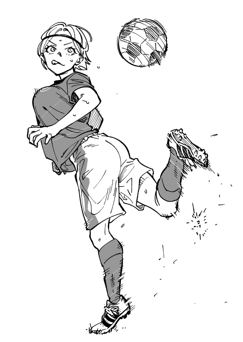 1girl :3 :q ass ball bouncing_breasts breasts commentary_request full_body greyscale headband highres kicking kneehighs large_breasts looking_back mada_tetsukazu monochrome motion_blur original playing_sports shoes short_hair short_sleeves shorts soccer soccer_ball soccer_uniform socks solo sportswear standing standing_on_one_leg tongue tongue_out