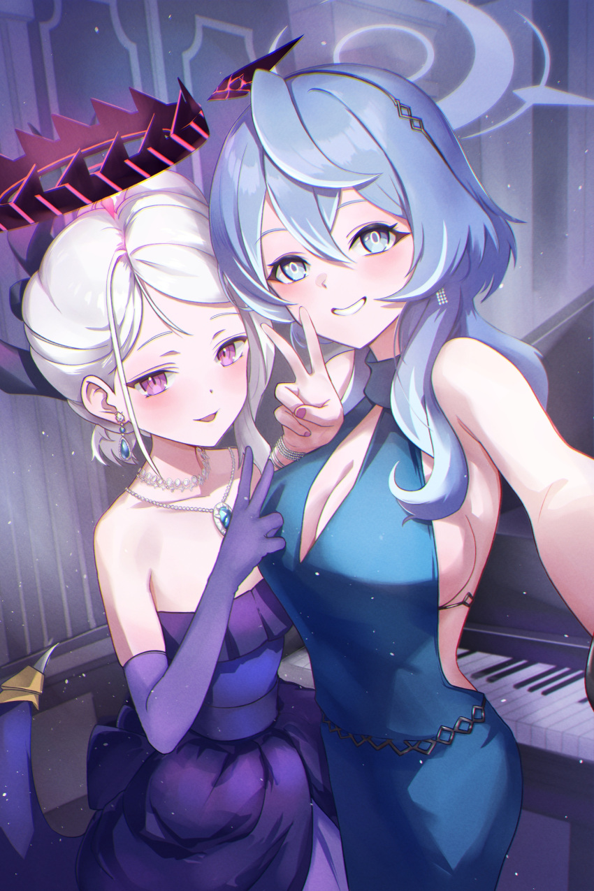 2girls ako_(blue_archive) ako_(dress)_(blue_archive) black_hairband blue_archive blue_dress blue_eyes blue_hair blue_halo collarbone dangle_earrings demon_wings dress earrings grand_piano grey_hair hairband halo highres hina_(blue_archive) hina_(dress)_(blue_archive) instrument jewelry long_hair multiple_girls necklace noomaru_(nomorepeople) official_alternate_costume pendant piano purple_dress purple_eyes purple_wings sleeveless sleeveless_dress strapless strapless_dress wings