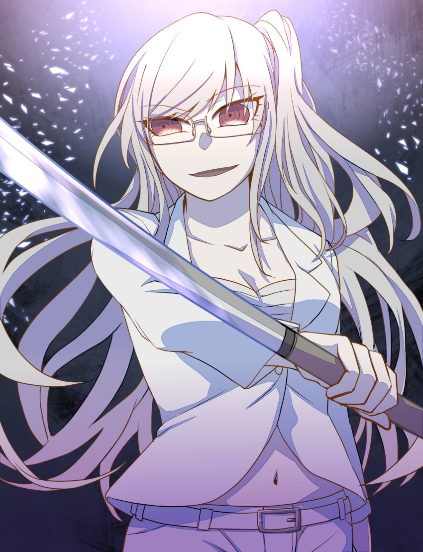 1girl alternate_costume alternate_hairstyle belt braid breasts chest_sarashi cleavage cowboy_shot danganronpa_(series) danganronpa_2:_goodbye_despair danganronpa_3_(anime) glasses highres holding holding_sword holding_weapon jacket katana long_hair midriff official_alternate_costume official_alternate_hairstyle pants pekoyama_peko red_eyes sarashi solo suit sword weapon white_hair white_jacket white_pants white_suit zi_huahuo