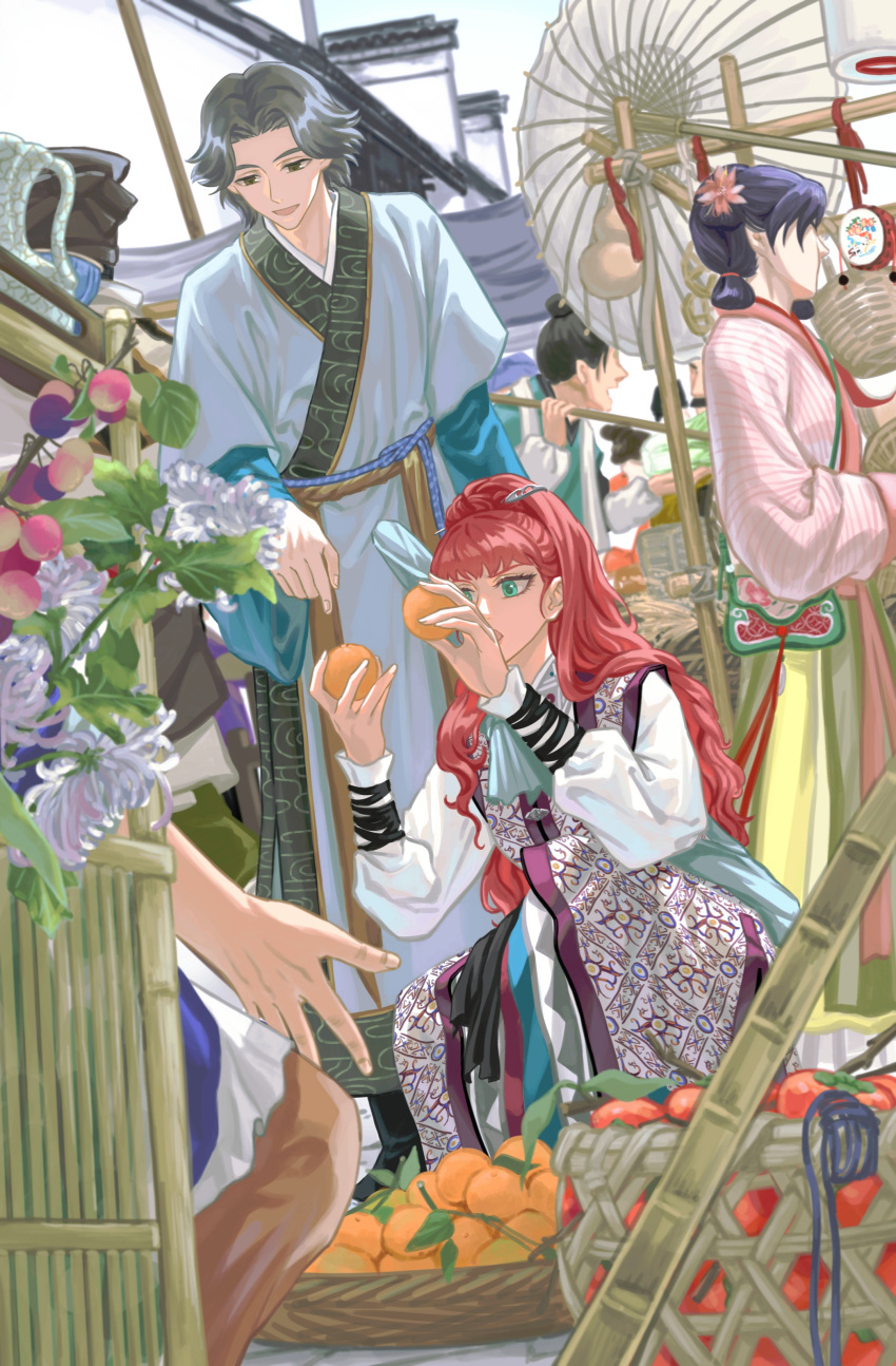 2boys 2girls absurdres aqua_eyes bag bamboo basket black_hair building carrying_pole chinese_clothes chrysanthemum day double_bun drum dutch_angle flower food fruit gourd hair_bun handbag hands_up hanfu highres holding holding_food holding_fruit instrument juuni_kokuki lantern layered_sleeves long_hair long_sleeves market multiple_boys multiple_girls nakajima_youko orange_(fruit) out_of_frame outdoors paper_lantern parted_bangs persimmon plant pointing purple_hair rakushun_(juuni_kokuki) red_hair shopping short_hair short_over_long_sleeves short_sleeves single_hair_bun squatting standing tassel umbrella updo very_long_hair vines walking white_flower wide_sleeves yi_(199702090505)